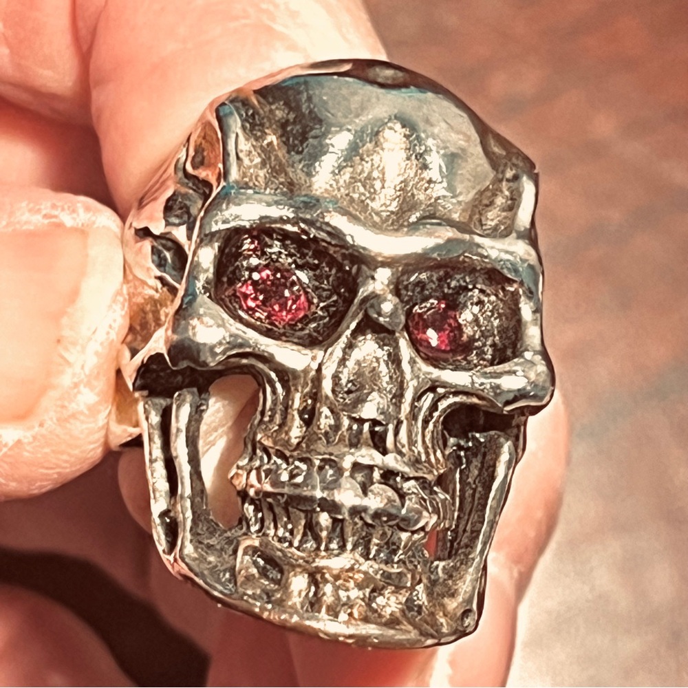 Silver Skull Ring with Red Eyes